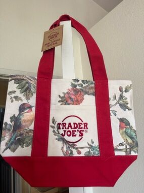 Trader Joe's Red & Cream Floral Canvas Tote Bag